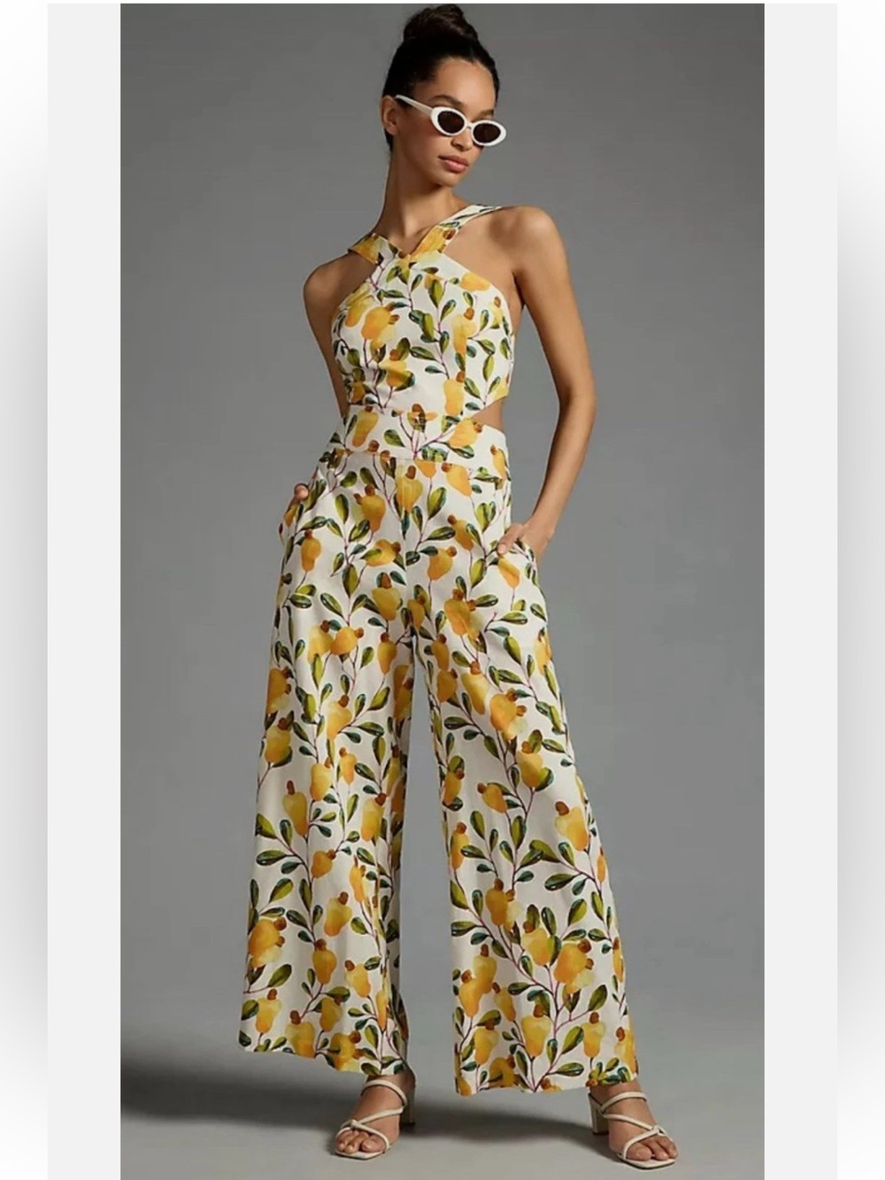 Farm Rio Linen Blend Halter Cut Out Wide Leg Jumpsuit